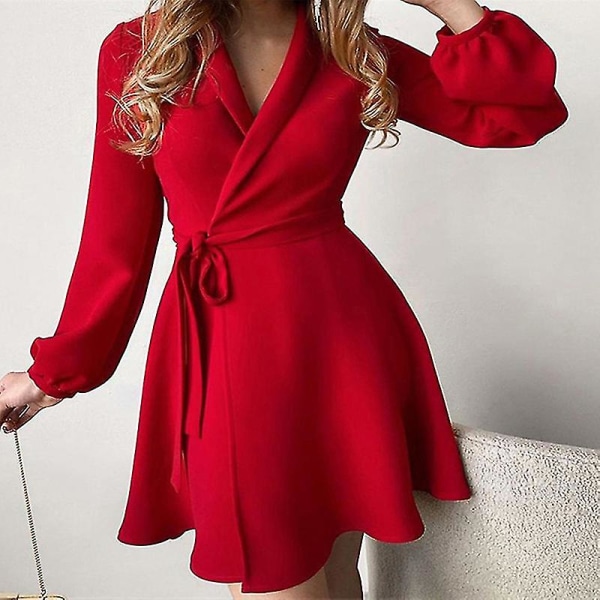 Dame Langermet Kort Kjole Casual Ferie Mini Krage Red 2XL