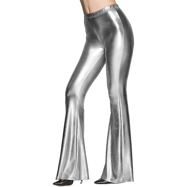 Dam 70-tal Mermaid Shiny Metallic Flare Leg Byxor Hippie Metallic Pants Yogabyxor Silver L