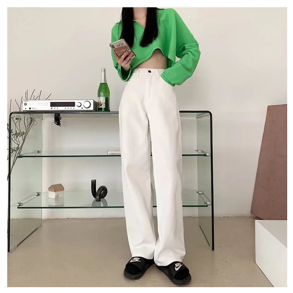 Raka jeans för damer Curvy Totally Shaping Streetwear Byxor För Skola Kontor Fest Ytterkläder White XL
