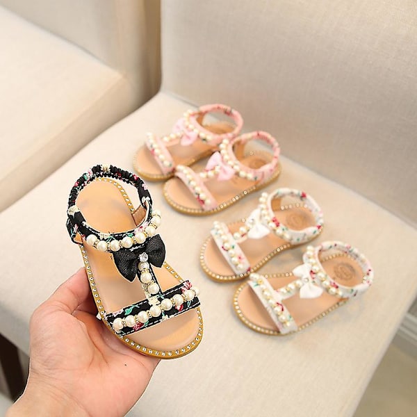 Baby Flickor Boho Pärlbroderade Sandaler Blomsterflickor Rosett Platt Tå Sandaler Gladiator Pink 29