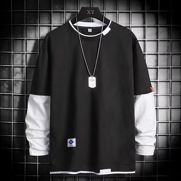 Miesten pyöreäkauluksinen pusero, kontrastivärinen, pitkähihainen T-paita rentoon päivittäiseen käyttöön, juhliin ja kouluun 352 Black 2XL
