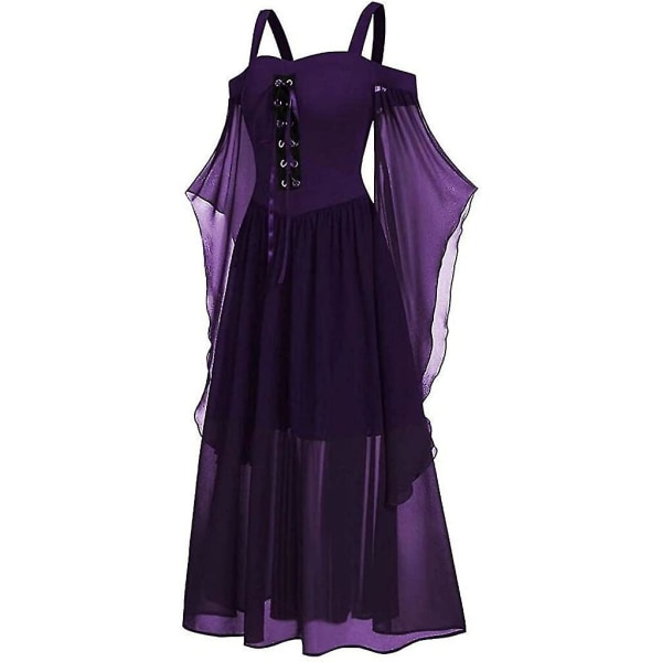 Maxikjole med sommerfugleærmer til kvinder, middelalder punk gotisk tøj, sexet Halloween kostume, kjoler med kolde skuldre og korset A-dark Purple 4X-Large