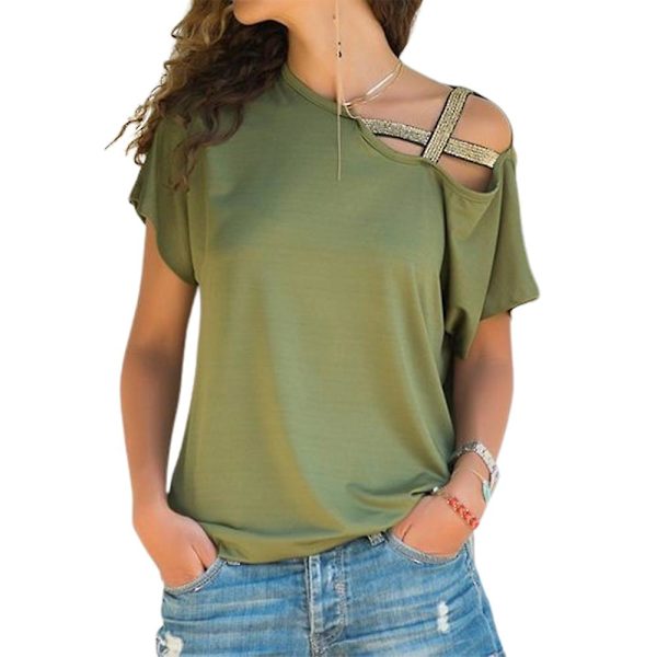 Dame Cross Cold Shoulder T-shirt Sommer Afslappet Stilfuld Kortærmet Tee Bluse Løse Toppe Plus Size Army Green 4XL