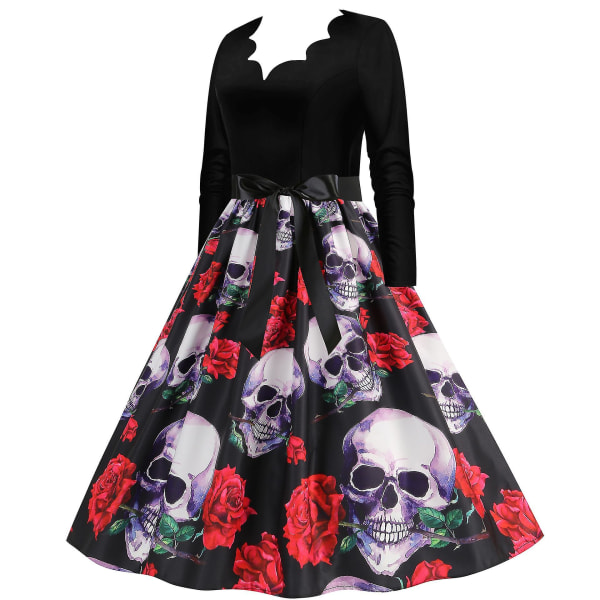 Halloween Kostym Klänningar Dam Skelett Pumpa Tryckt Casual Fåll Klänning Fest COLOR 1 M