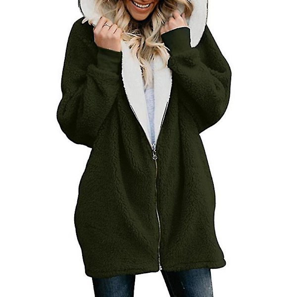 Damkofta Dragkedja Lös Enfärgad Splicing Hooded Ull Plysch Jacka Kappa Army Green 4XL