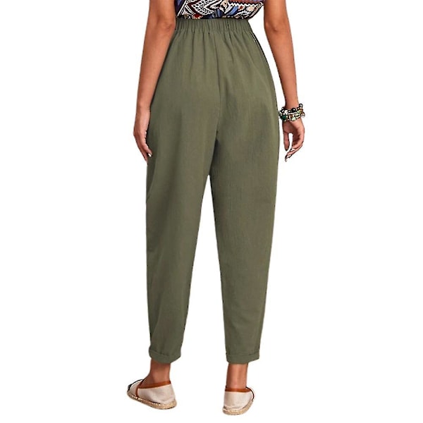Cropped bukser med elastisk talje, løse, afslappede, lange, ensfarvede bukser Army Green XL