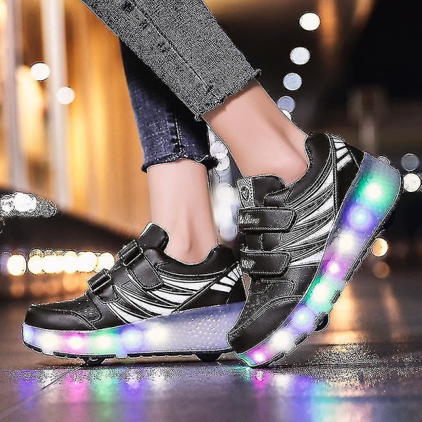 Led Light Up Roller Shoes Dubbelhjul USB Laddningsbara Skridskor Svart/Rosa Black 38