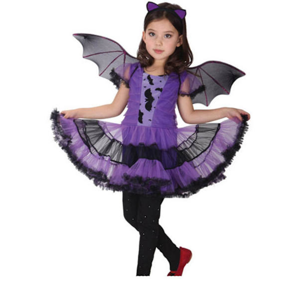 Lasten Tyttö Halloween Verkkomekko Lepakkosiipi Päähine Noidan Kolmiosainen Setti 4-5 Year