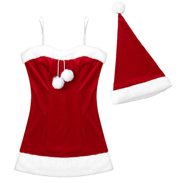 Dam Mjuk Sammet Justerbara Axelband Vit Flanellkant Mini Klänning med Hatt Dam Tomte Jul Maskeradkostym L