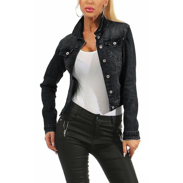Kvinnors jeansliknande jacka casual kappa stretch   knappar ytterkläder topp Black S
