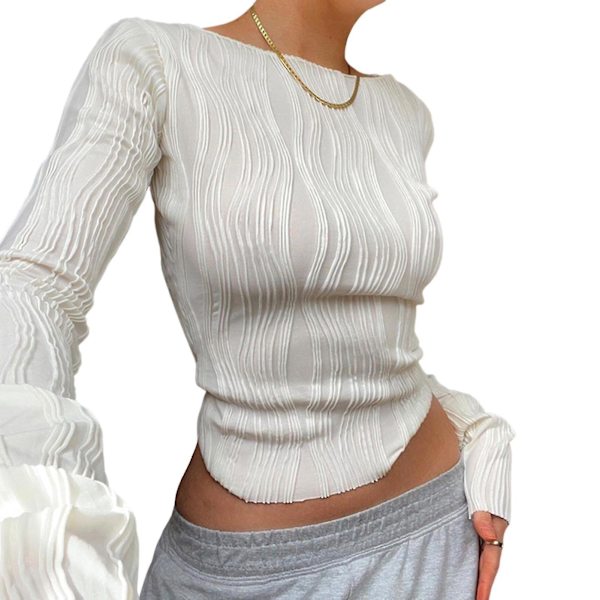 Naisten syksyn rento T-paita seksikäs slim crop -paita pusero ulkoiluun, treffeille ja ostoksille White L