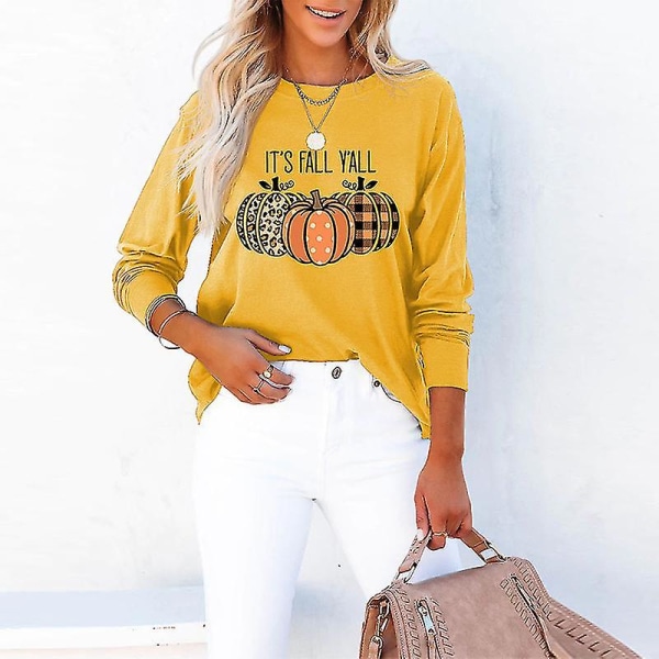 Dame Gresskar Trykk Genser Casual Sport Topper Halloween Tunika Bluse Yellow S