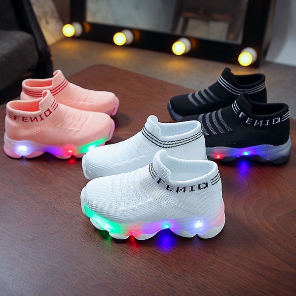 Barnesko Barn Baby Jenter Gutter Bokstav Mesh LED Lysende Sokker Sport Løpesko White 25