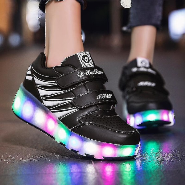 Led Light Up Roller Shoes Double Wheel USB Uppladdningsbara skridskoskor Svart/rosa Black 36
