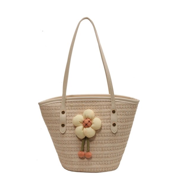 Sommar Tote Väska Dam Satchel Väska Stor Kapacitet Vävd Handväska Med Blomdekor För Jul Födelsedag Strandsemester Creamy-white
