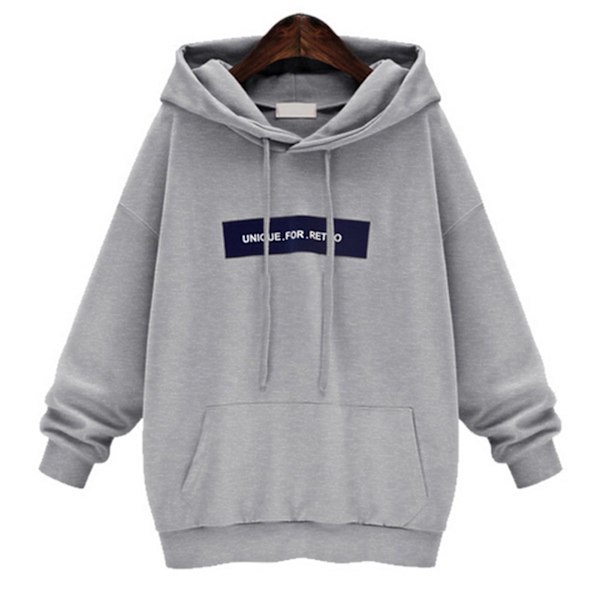 Tryckt damhoodie med framficka, ledig vintertröja, lös passform Light Grey M