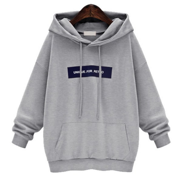 Trykket hettegenser for kvinner med frontlomme, avslappet vintergenser, løs passform Light Grey 2XL