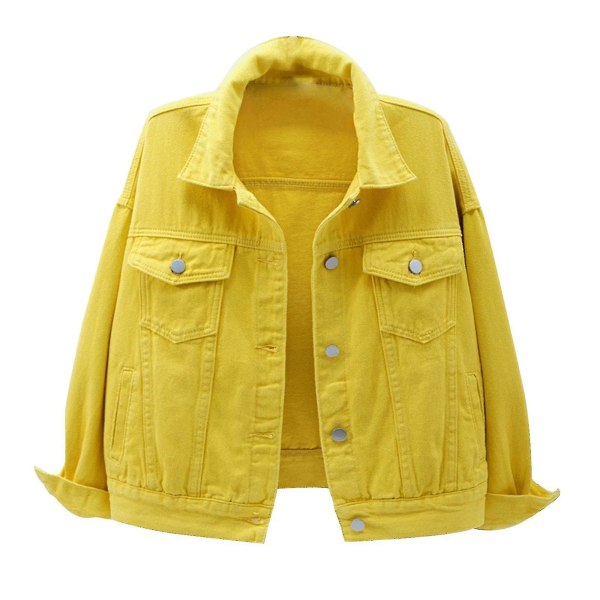 Dame Vår og Høst Jakker Varm Ensfarget Langermet Denimjakke Yttertøy Yellow XXL
