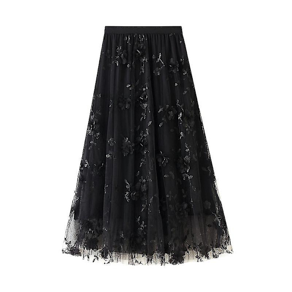 Kvinnors Mesh Broderi Halvlång Kjol Garn Kjolar A-linje Konst Hög Midja Lång Kjol Black