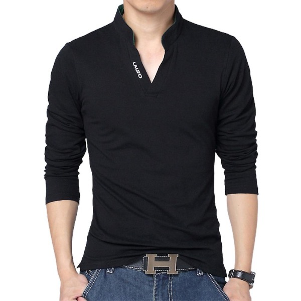 Herr Solid Slim Fit Henley Skjorta Casual Långärmad Ståkrage V-ringad Tee T-shirt Black 3XL
