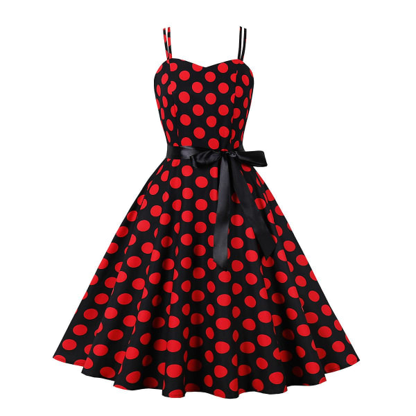 Elegant afslappet damekjole, retro cocktailkjole, sommerkjole med spaghettistropper til feriebrug Black red dots L