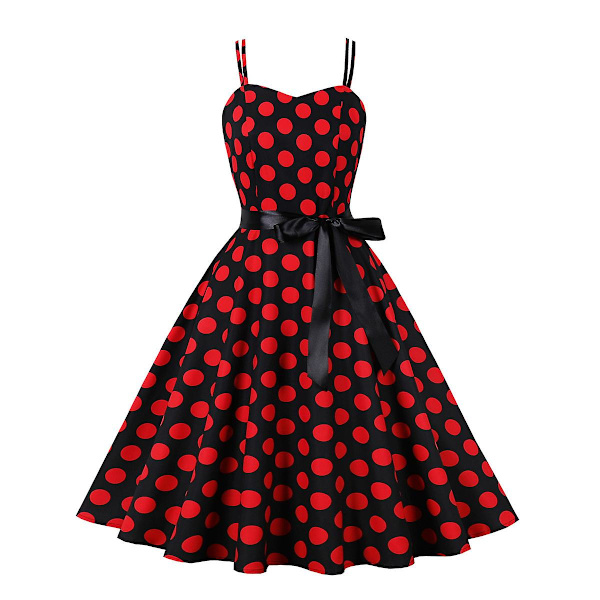 Elegant Damklänning, Casual Retro Cocktailklänning med Spaghettiband, Sommarklänning för Semesterbruk Black red dots XL