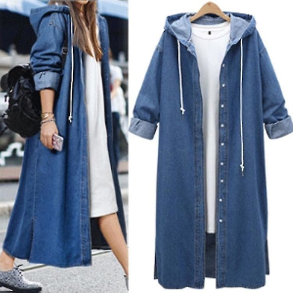Dame Baggy Denimjakker Langermet Snøring Trenchcoat Høst Hettegensere Overfrakker Deep Blue S