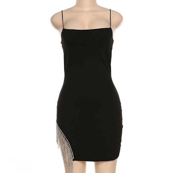 Sexet Mini Kjole til Kvinder med Kvaster, Slip Kjole, Spaghettistropper, Bodycon Clubwear til Fest Cocktail Ferie Black L