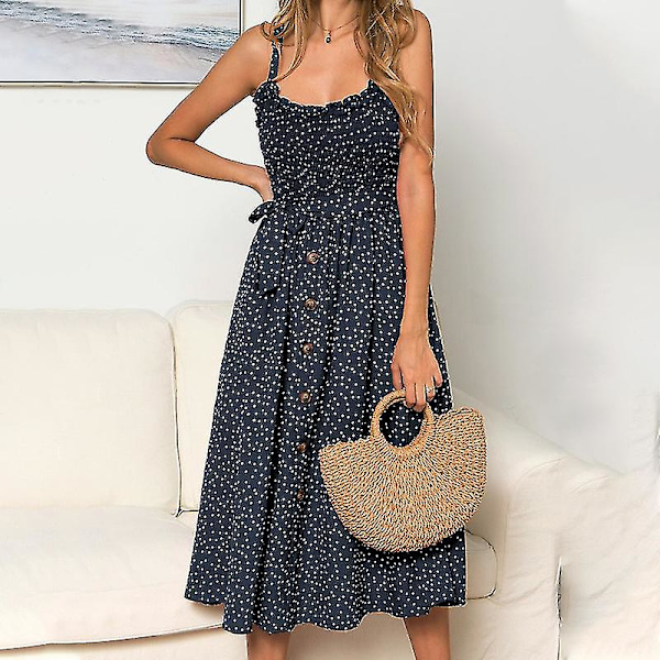 Sommarklänning med prickar för kvinnor, midilång, semesterbälte, strandklänning, lös solklänning Navy Blue M
