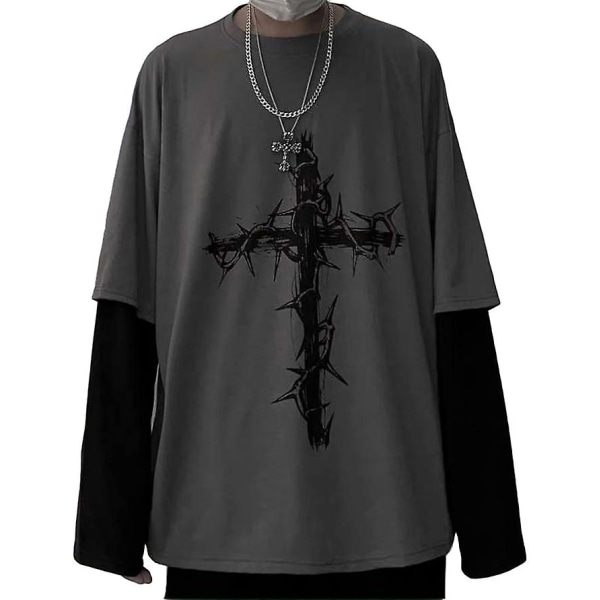 Gotisk tröja för män och kvinnor Emo Grunge Alt Vintage Långärmad Topp T-shirt Dark Academia Harajuku Kors Tröja Kläder black 2XL
