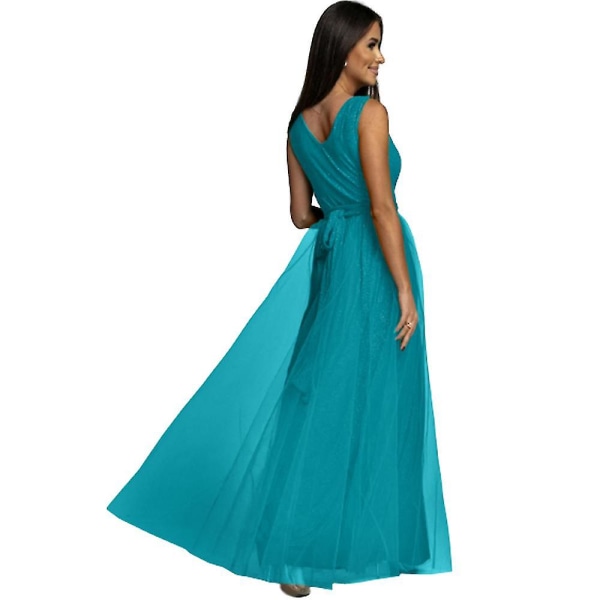 Dame V-hals Brudepike Bryllup Maxi Kjole Ballkjole Aften Cocktail Party Splitt Lange Kjoler Beste Gave Blue S