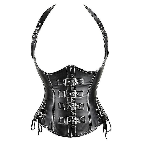 Faux Läder Korsett Topp Halter Korsett Dragkedja Spänne Bustier Midjetränare Väst Korsett Underbyst Kvinnor Steampunk Kaffe M