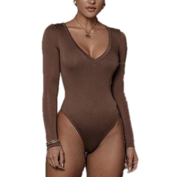 Dame V-hals Langærmet Basic Top Body Leotard Coffee L