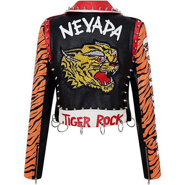Læderjakke Dame Punk Nitter Graffiti Print Motorcykeljakke XL