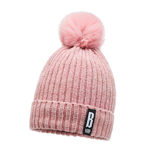 Dam Plus Sammet Pompom Stickad Mössa Vinter Varm Utomhus Ull Skidmössor Hatt Pink