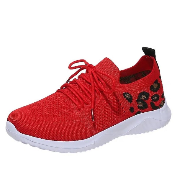 Damspets Sneakers Casual Skor Andningsbar Flygande Vävda Leopard Sportskor Red 36