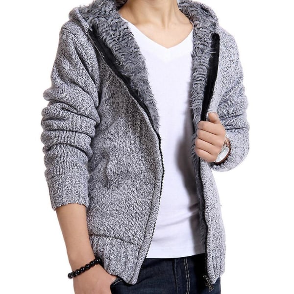 Män stickad fleecefodrad vinter thermal tröja jacka huva ytterkläder Light Grey 2XL