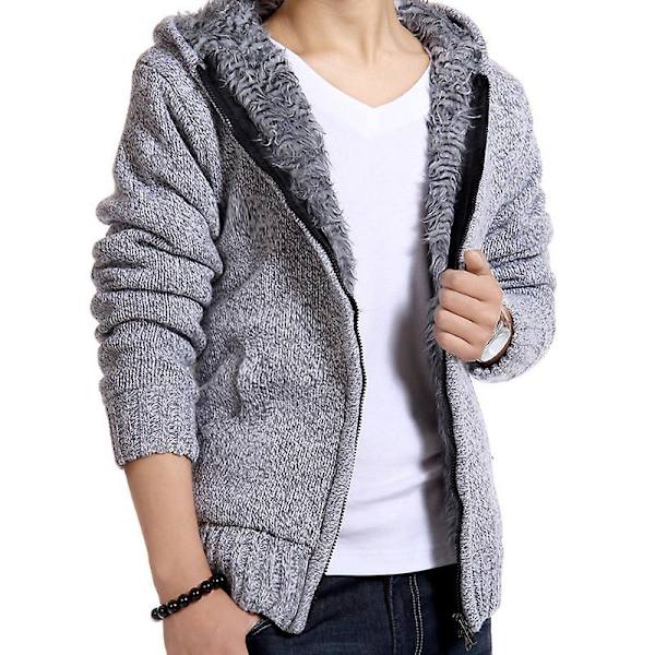 Stickad fleecefodrad termisk vintertröja för män Jacka med huva ytterkläder Light Grey L