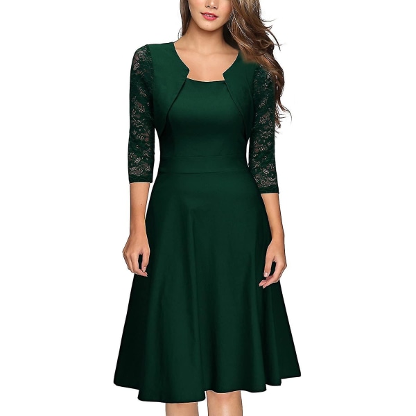 Dam vintage fyrkantig hals blommor spets2/3 ärm Cocktail Swing Dress blackish green L