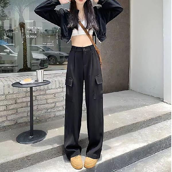 Dame Wide Leg Cargo Bukser Baggy Højtaljede Bukser Med Bomuld Til Tights Seler Sneakers Gray L
