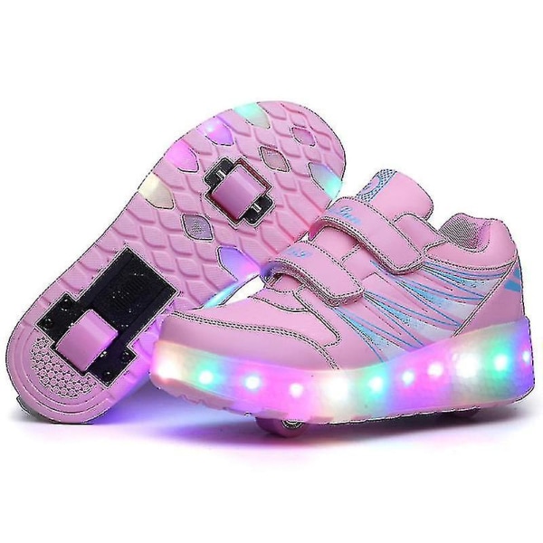 Led Light Up Roller Shoes Double Wheel USB Uppladdningsbara skridskoskor Svart/rosa Pink 32