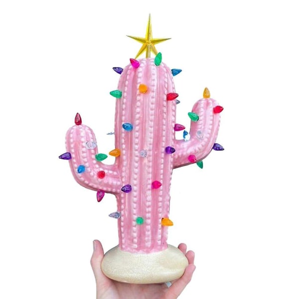 Belyst Keramisk Kaktus Staty Skulptur Skrivbordsdekor Ornament Pink