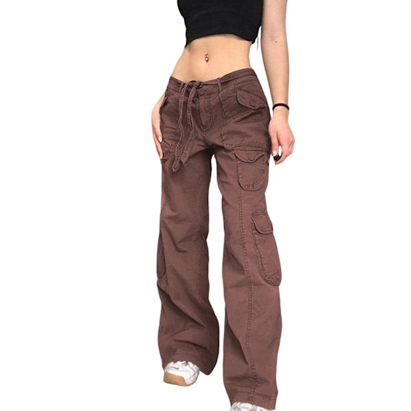 Naisten cargo-housut vetoketjulla, korkea vyötärö, pehmeää puuvillaa Light Brown XL