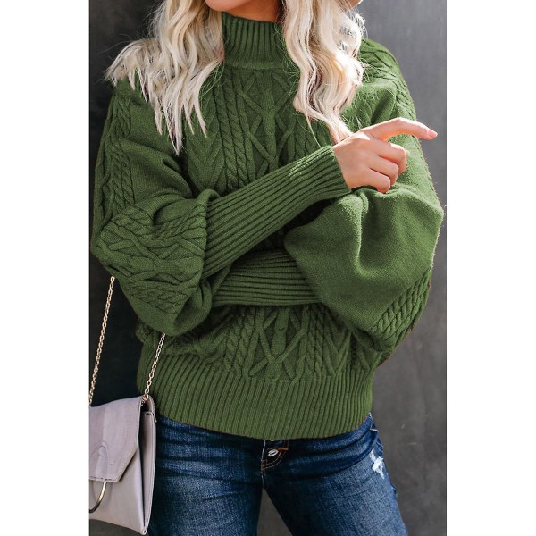 Uldpullover til kvinder Kabelstrikket lanterneærme sweater til udendørs dating shopping Army Green L