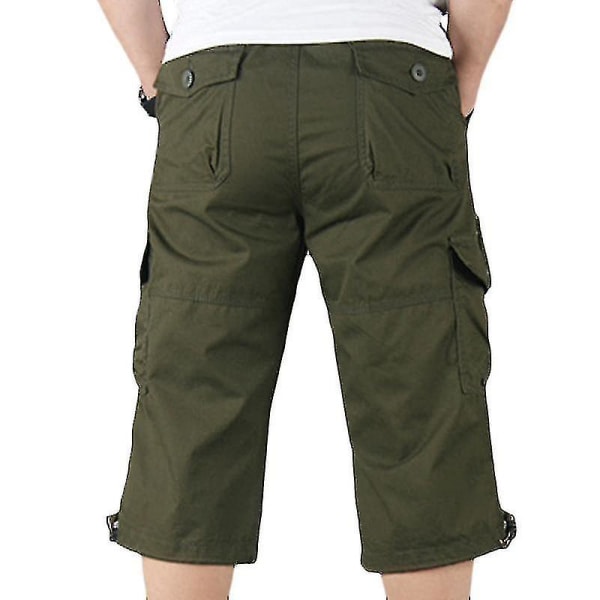 Herre 3/4 Lang Lengde Elastiske Shorts Midje Cargo Combat Tre Kvart Bukser Army Green 2XL