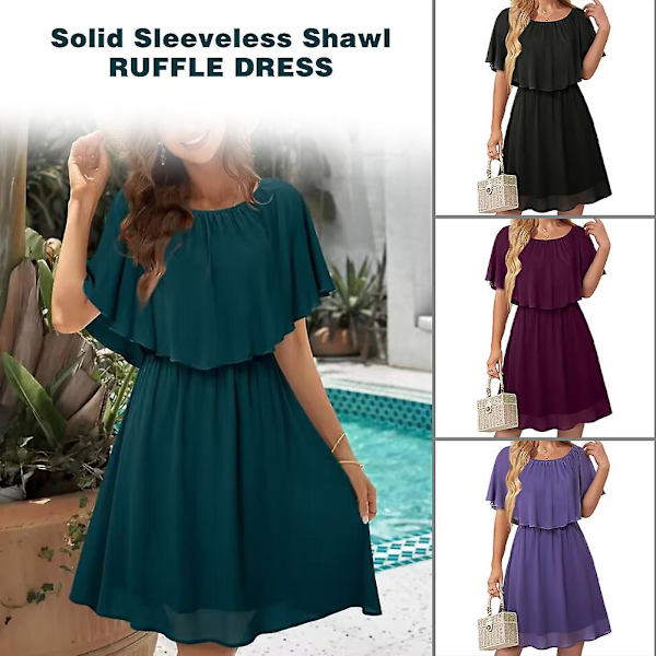 Kjole med capelet-ærmer, falsk todelt chiffon-nederdel, midt-talje sjal-kjole Black S