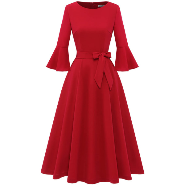 Eleganta cocktailklänningar med klockärm för damer, lämpliga som bröllopsgäst, A-linjeformad, modest midi-aftonklänning för kyrkan, knallröd M bright red m