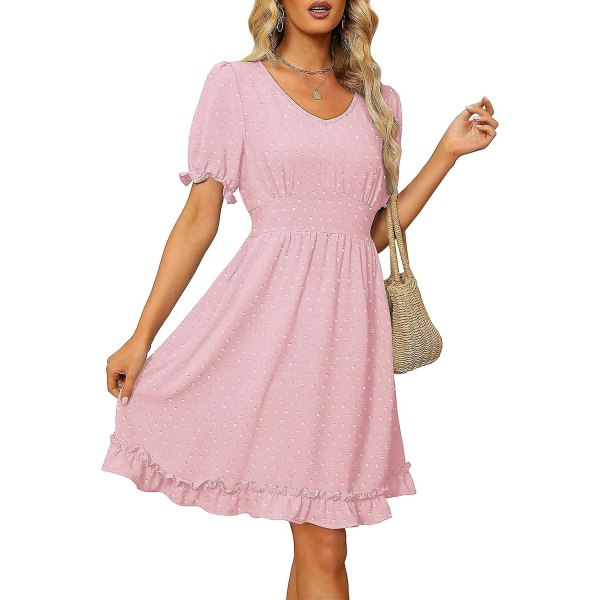 Kvinnors klänningar V-ringning Kvinnors klänningar Sommar Swiss Dot Ärmmanschetter Miniklänningar Pink XL