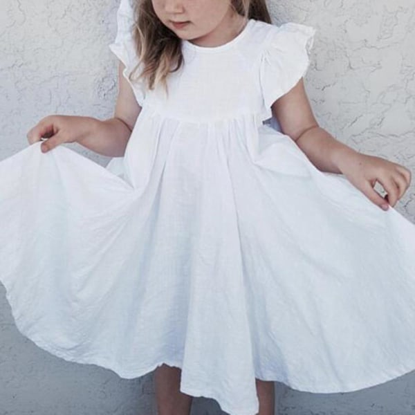 Småbørn Baby Pige Sommerkjole Bomuld Flæse Ærmeløs Sommerkjole Hul Slips i Ryggen White 90cm