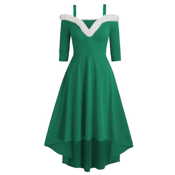 Dame Jul Langærmet Plys Høj og Lav Dyb V Off-shoulder Stor Swing Kjole Green M